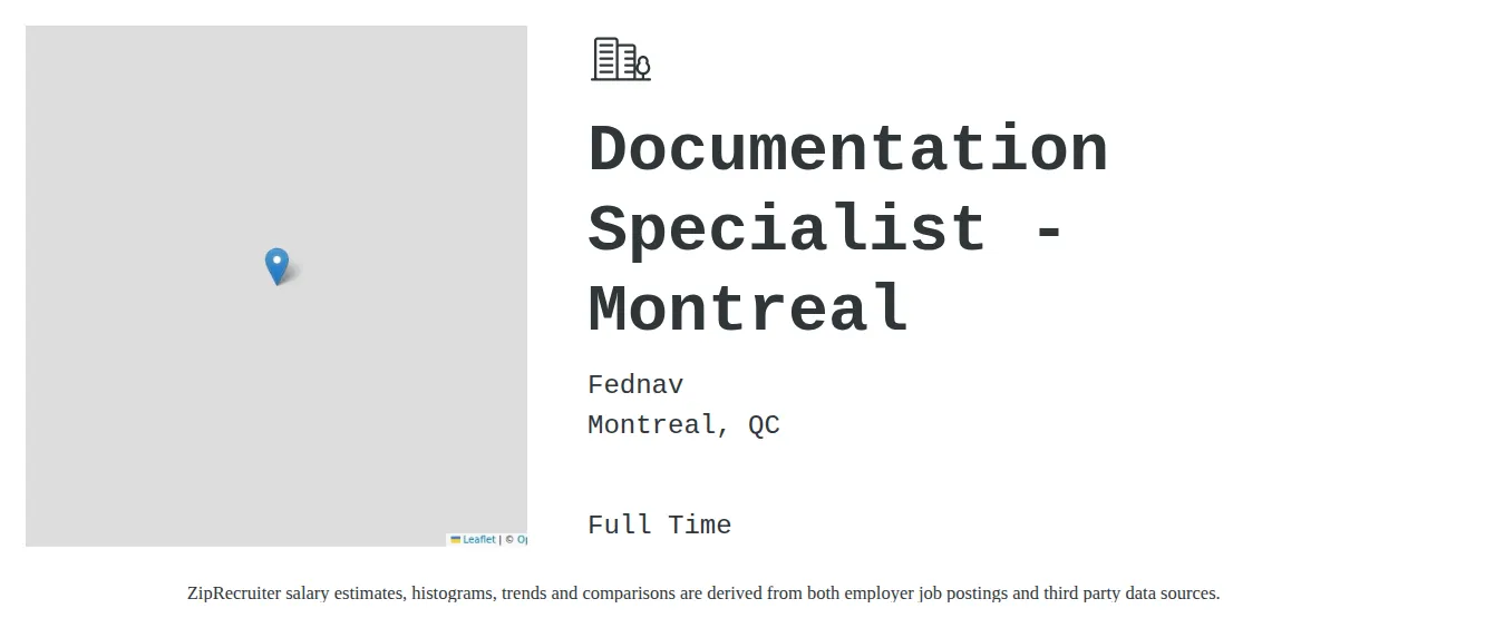 Fednav job posting for a Documentation Specialist - Montreal in Montreal, QC with a map of Montreal location.