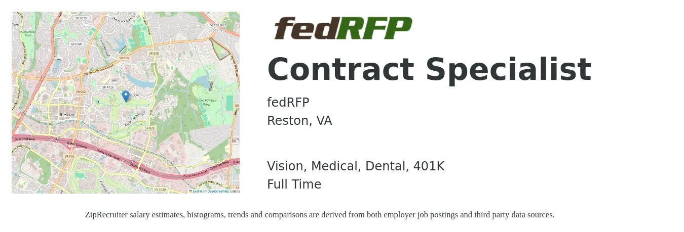 fedRFP job posting for a Contract Specialist in Reston, VA with a salary of $59,300 to $102,500 Yearly and benefits including vision, 401k, dental, life_insurance, and medical with a map of Reston location.