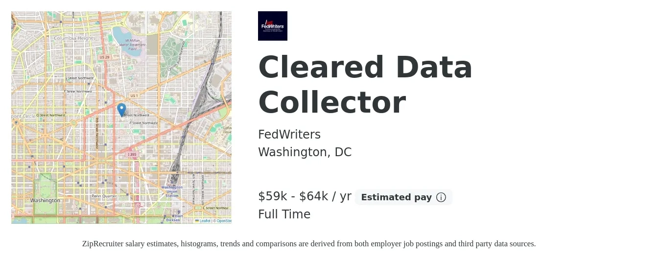 FedWriters job posting for a Cleared Data Collector in Washington, DC with a salary of $59,000 to $64,000 Yearly with a map of Washington location.