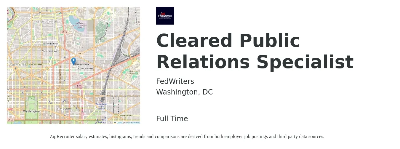FedWriters job posting for a Cleared Public Relations Specialist in Washington, DC with a salary of $58,900 to $83,800 Yearly with a map of Washington location.