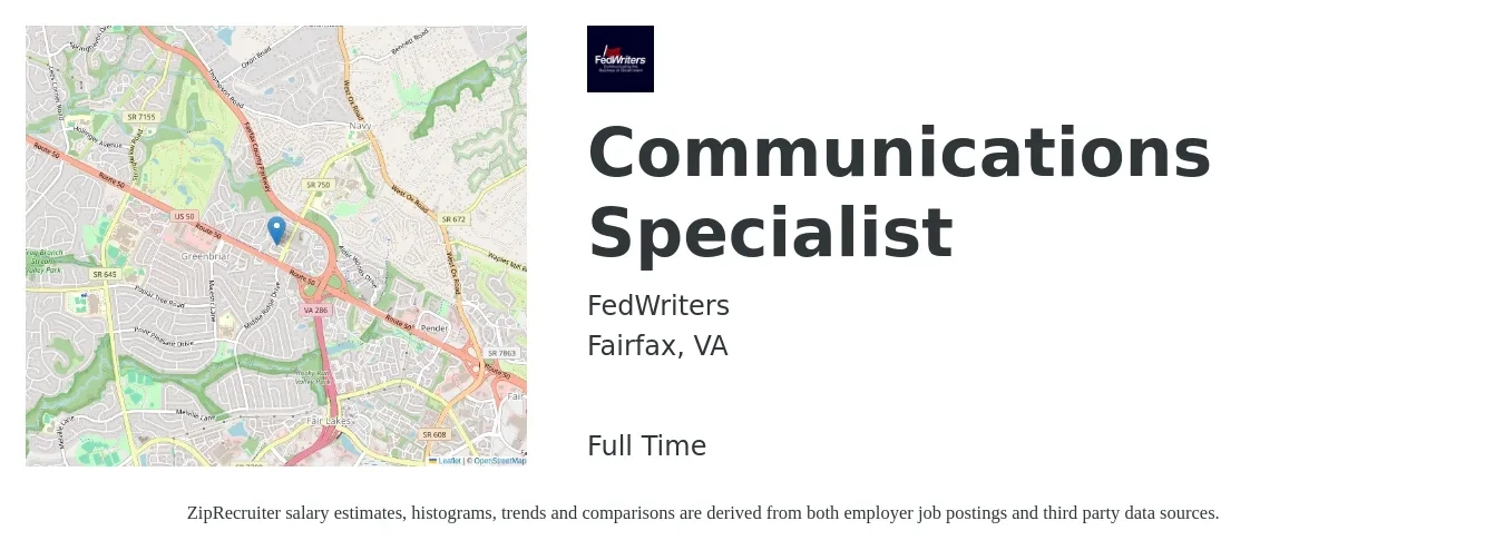 FedWriters job posting for a Communications Specialist in Fairfax, VA with a salary of $54,800 to $72,700 Yearly with a map of Fairfax location.