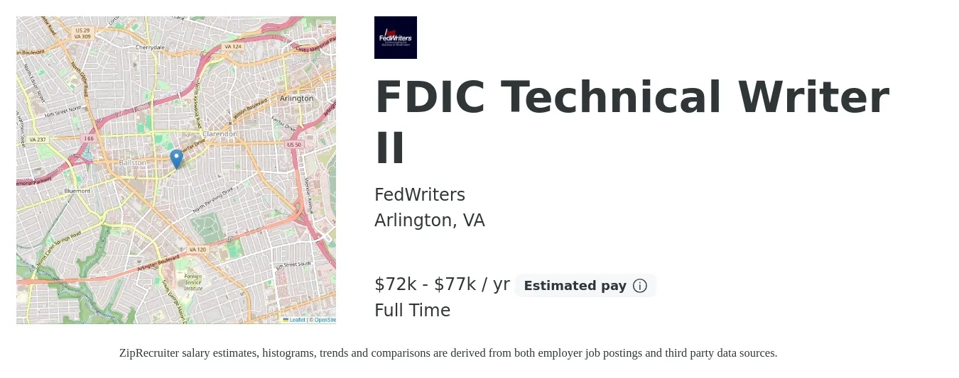 FedWriters job posting for a FDIC Technical Writer II in Arlington, VA with a salary of $72,800 to $77,800 Yearly with a map of Arlington location.