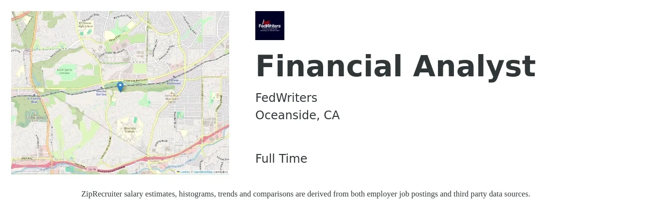 FedWriters job posting for a Financial Analyst in Oceanside, CA with a salary of $56 to $59 Hourly with a map of Oceanside location.