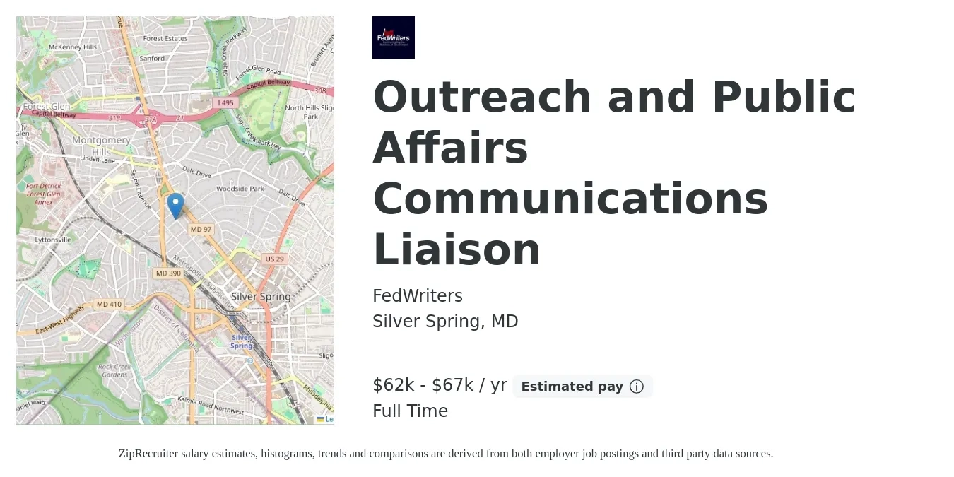 FedWriters job posting for a Outreach and Public Affairs Communications Liaison in Silver Spring, MD with a salary of $62,000 to $74,800 Yearly with a map of Silver Spring location.