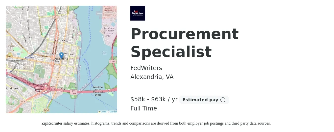 FedWriters job posting for a Procurement Specialist in Alexandria, VA with a salary of $60,000 to $63,000 Yearly with a map of Alexandria location.