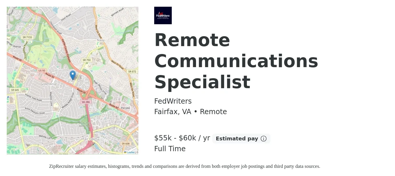 FedWriters job posting for a Remote Communications Specialist in Fairfax, VA with a salary of $55,000 to $60,000 Yearly with a map of Fairfax location.