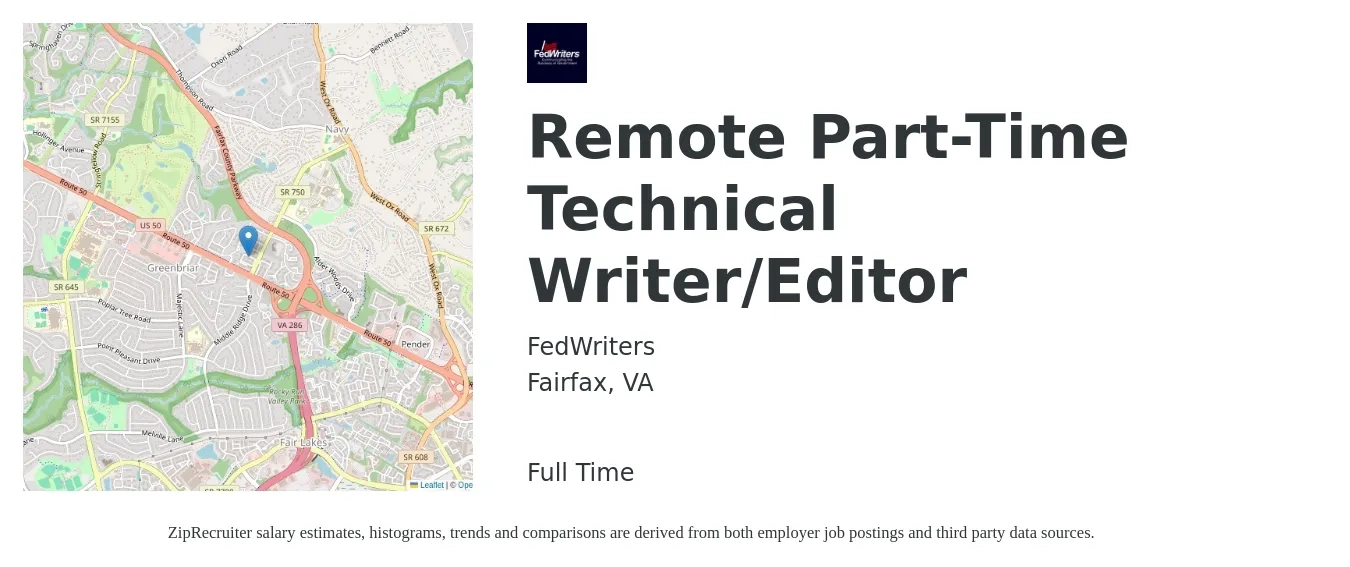 FedWriters job posting for a Remote Part-Time Technical Writer/Editor in Fairfax, VA with a salary of $66,500 to $103,900 Yearly with a map of Fairfax location.