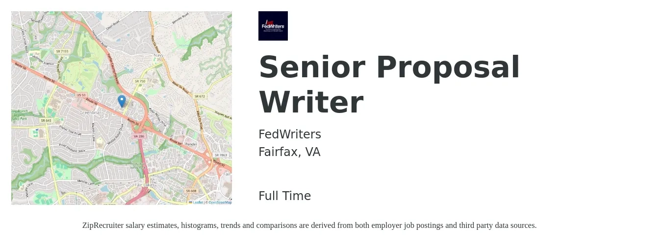 FedWriters job posting for a Senior Proposal Writer in Fairfax, VA with a salary of $65,000 to $92,600 Yearly with a map of Fairfax location.
