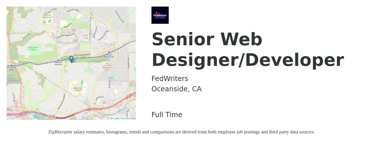 FedWriters job posting for a Senior Web Designer/Developer in Oceanside, CA with a salary of $96,500 to $139,400 Yearly with a map of Oceanside location.