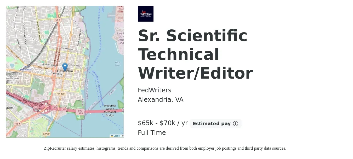 FedWriters job posting for a Sr. Scientific Technical Writer/Editor in Alexandria, VA with a salary of $64,000 to $70,000 Yearly with a map of Alexandria location.
