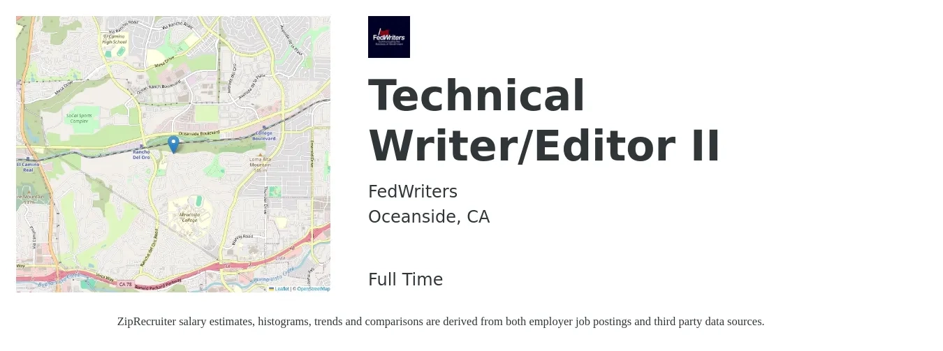 FedWriters job posting for a Technical Writer/Editor II in Oceanside, CA with a salary of $75,000 to $77,000 Yearly with a map of Oceanside location.