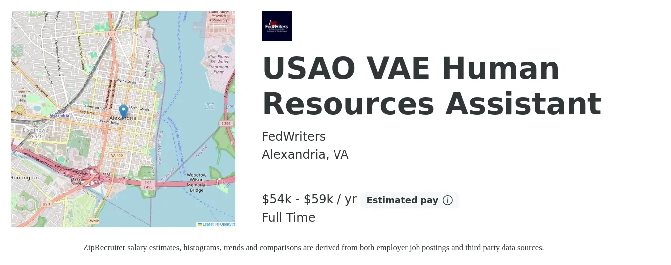 FedWriters job posting for a USAO VAE Human Resources Assistant in Alexandria, VA with a salary of $54,000 to $59,000 Yearly with a map of Alexandria location.