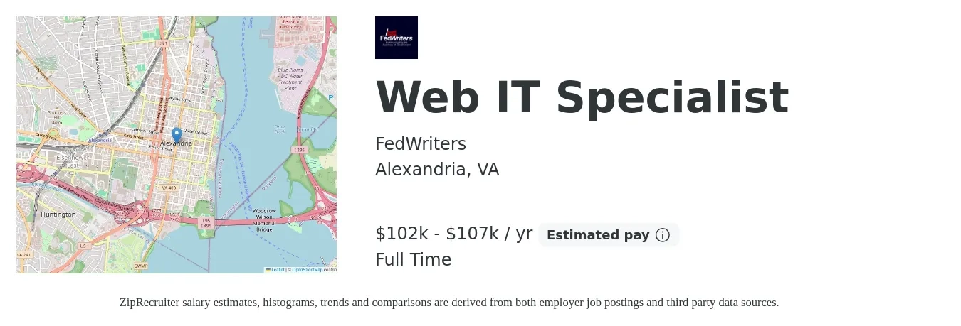 FedWriters job posting for a Web IT Specialist in Alexandria, VA with a salary of $102,000 to $107,000 Yearly with a map of Alexandria location.
