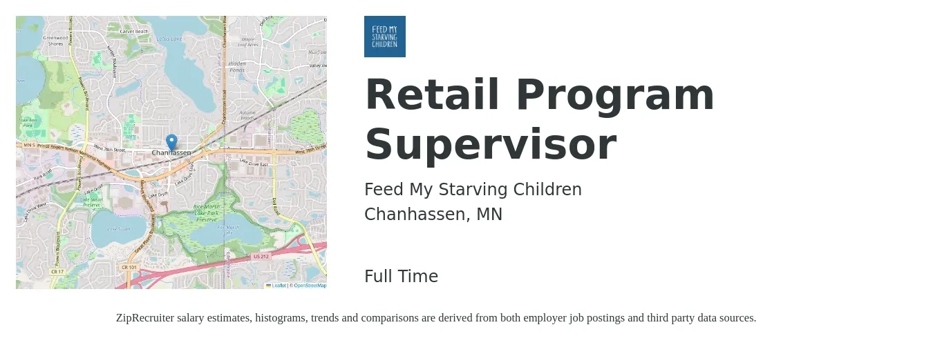 Feed My Starving Children job posting for a Retail Program Supervisor in Chanhassen, MN with a salary of $20 to $22 Yearly with a map of Chanhassen location.
