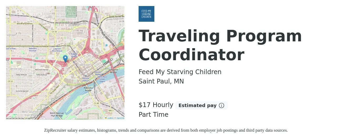 Feed My Starving Children job posting for a Traveling Program Coordinator in Saint Paul, MN with a salary of $18 Hourly with a map of Saint Paul location.
