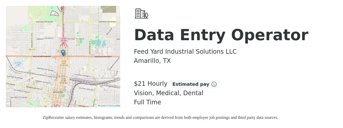 Feed Yard Industrial Solutions LLC job posting for a Data Entry Operator in Amarillo, TX with a salary of $22 Hourly and benefits including vision, dental, life_insurance, medical, and pto with a map of Amarillo location.