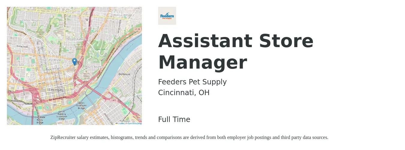 Feeders Pet Supply job posting for a Assistant Store Manager in Cincinnati, OH with a salary of $15 to $22 Hourly with a map of Cincinnati location.