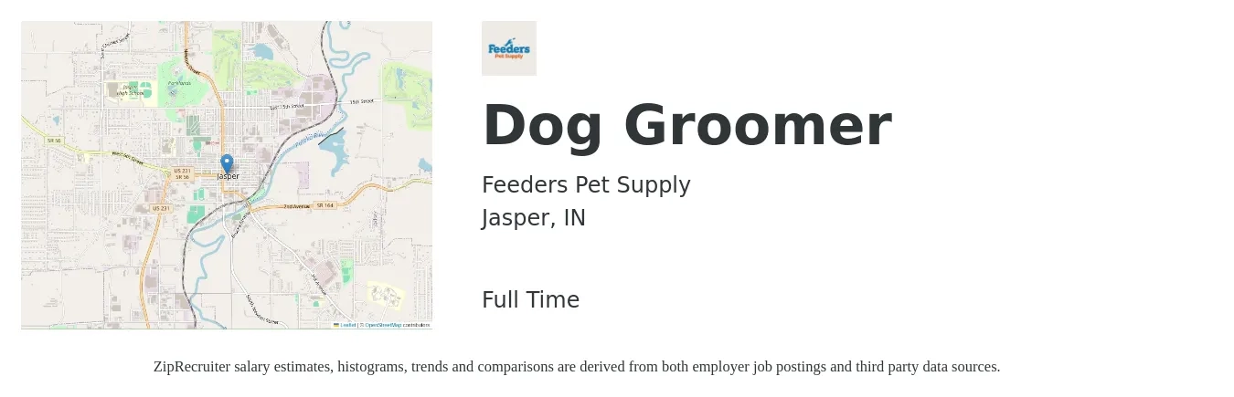 Feeders Pet Supply job posting for a Dog Groomer in Jasper, IN with a salary of $17 to $24 Hourly with a map of Jasper location.