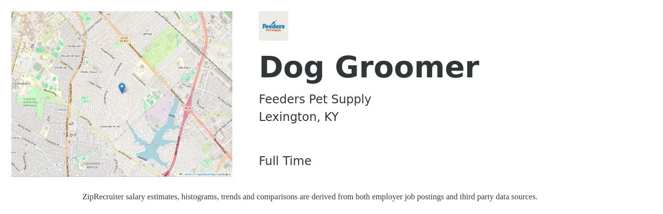 Feeders Pet Supply job posting for a Dog Groomer in Lexington, KY with a salary of $16 to $24 Hourly with a map of Lexington location.
