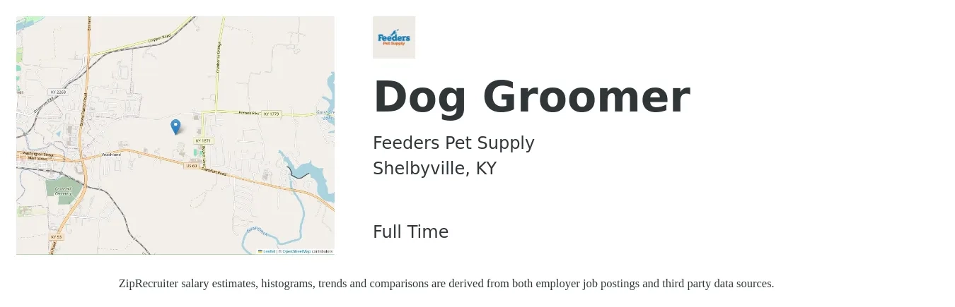 Feeders Pet Supply job posting for a Dog Groomer in Shelbyville, KY with a salary of $18 to $26 Hourly with a map of Shelbyville location.