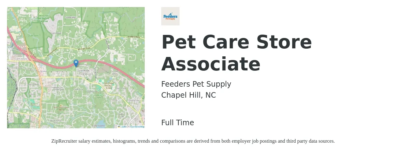 Feeders Pet Supply job posting for a Pet Care Store Associate in Chapel Hill, NC with a salary of $14 to $16 Hourly with a map of Chapel Hill location.