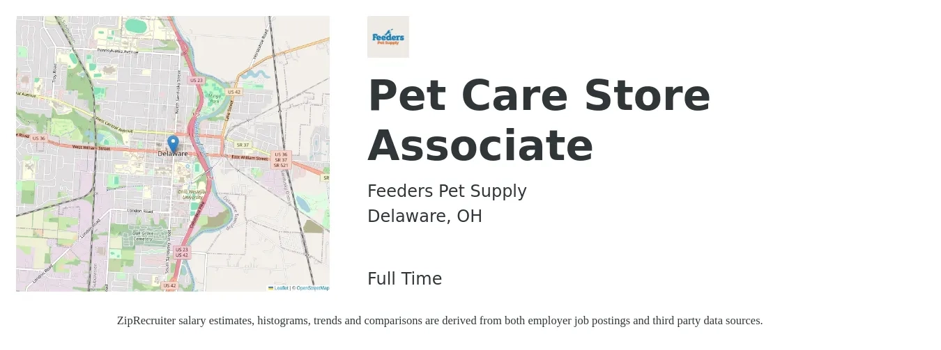 Feeders Pet Supply job posting for a Pet Care Store Associate in Delaware, OH with a salary of $14 to $16 Hourly with a map of Delaware location.