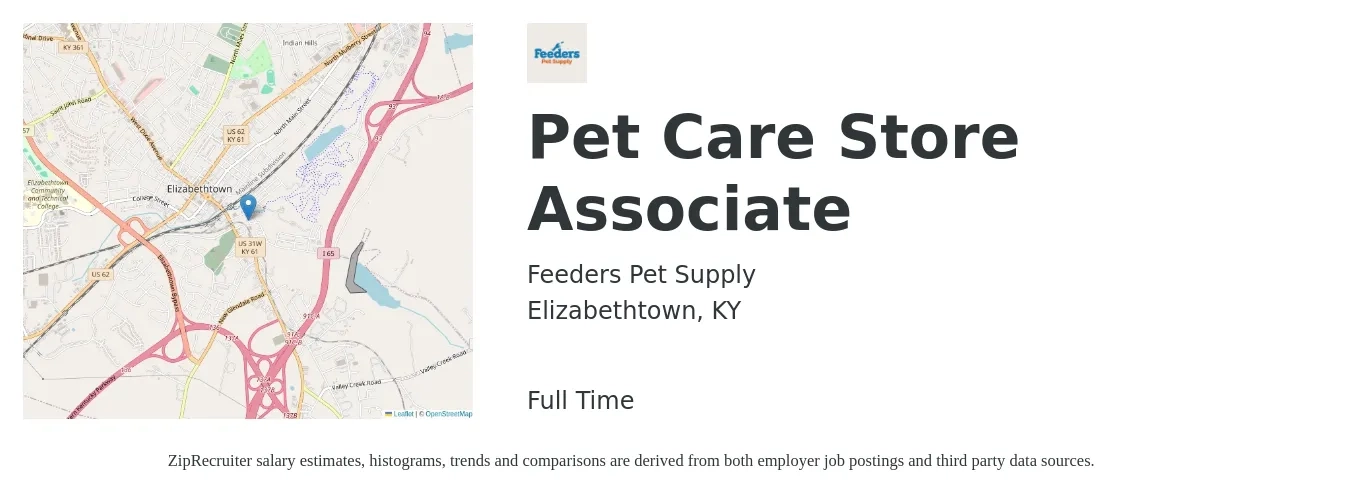 Feeders Pet Supply job posting for a Pet Care Store Associate in Elizabethtown, KY with a salary of $14 to $16 Hourly with a map of Elizabethtown location.