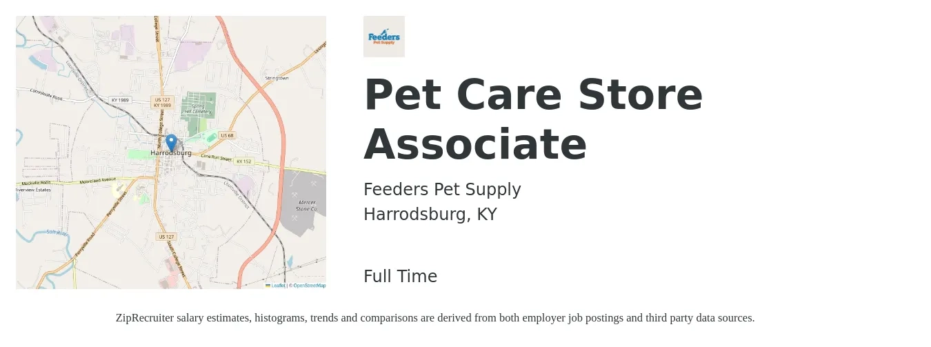 Feeders Pet Supply job posting for a Pet Care Store Associate in Harrodsburg, KY with a salary of $12 to $14 Hourly with a map of Harrodsburg location.