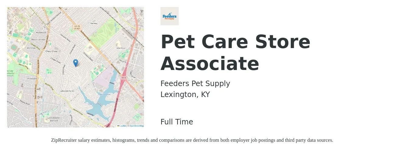 Feeders Pet Supply job posting for a Pet Care Store Associate in Lexington, KY with a salary of $13 to $15 Hourly with a map of Lexington location.