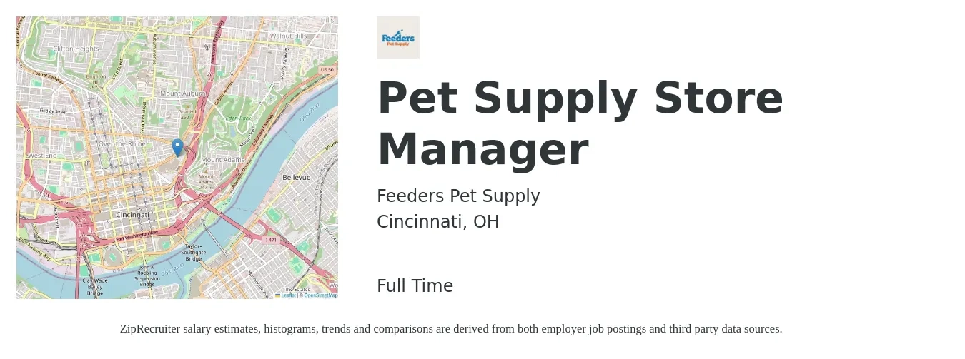 Feeders Pet Supply job posting for a Pet Supply Store Manager in Cincinnati, OH with a salary of $39,800 to $61,900 Yearly with a map of Cincinnati location.