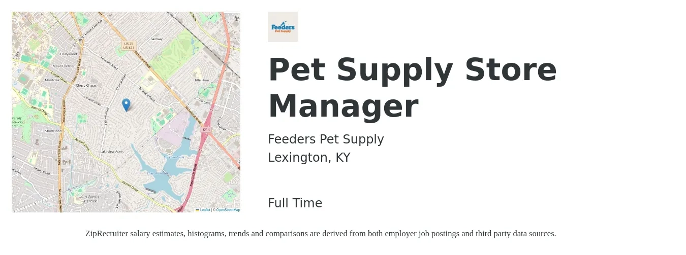 Feeders Pet Supply job posting for a Pet Supply Store Manager in Lexington, KY with a salary of $35,200 to $54,700 Yearly with a map of Lexington location.