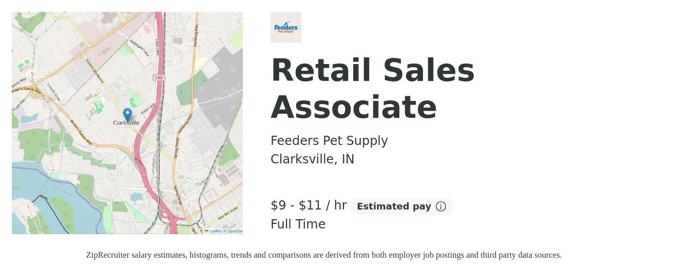 Feeders Pet Supply job posting for a Retail Sales Associate in Clarksville, IN with a salary of $10 to $12 Hourly with a map of Clarksville location.