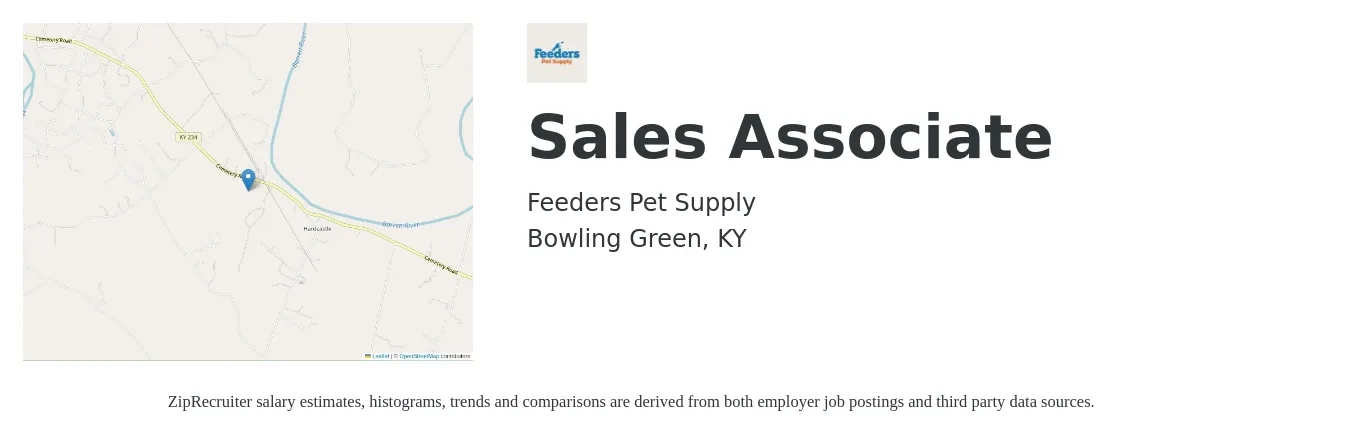 Feeders Pet Supply job posting for a Sales Associate in Bowling Green, KY with a salary of $14 to $18 Hourly with a map of Bowling Green location.
