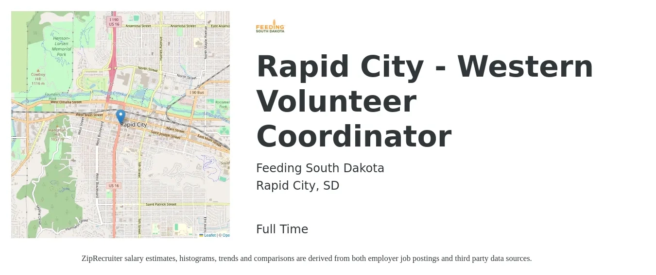 Feeding South Dakota job posting for a Rapid City - Western Volunteer Coordinator in Rapid City, SD with a salary of $18 to $26 Hourly with a map of Rapid City location.