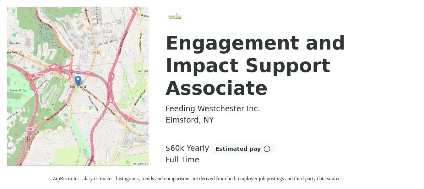 Feeding Westchester Inc. job posting for a Engagement and Impact Support Associate in Elmsford, NY with a salary of $60,000 Yearly with a map of Elmsford location.