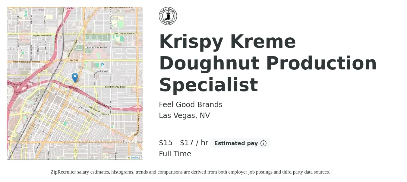 Feel Good Brands job posting for a Krispy Kreme Doughnut Production Specialist in Las Vegas, NV with a salary of $16 to $18 Hourly with a map of Las Vegas location.