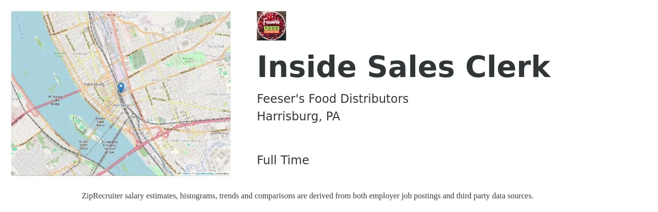 Feeser's Food Distributors job posting for a Inside Sales Clerk in Harrisburg, PA with a salary of $39,000 to $58,300 Yearly with a map of Harrisburg location.