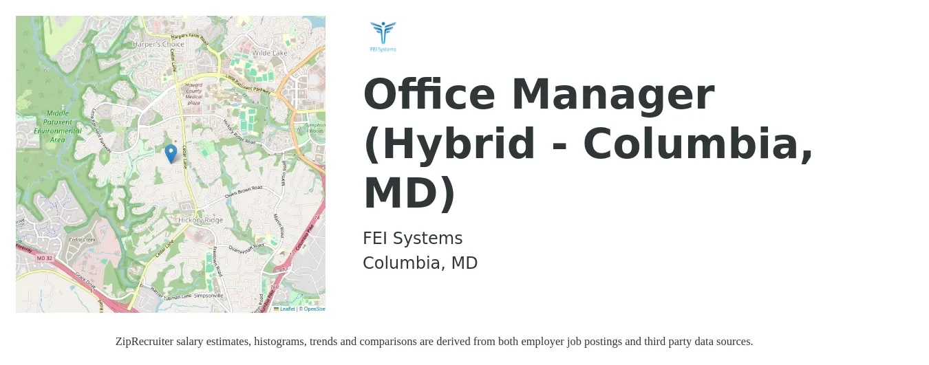 FEI Systems job posting for a Office Manager (Hybrid - Columbia, MD) in Columbia, MD with a salary of $39,400 to $58,100 Yearly with a map of Columbia location.