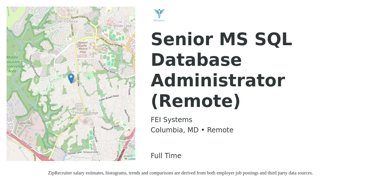 FEI Systems job posting for a Senior MS SQL Database Administrator (Remote) in Columbia, MD with a salary of $49 to $68 Hourly with a map of Columbia location.