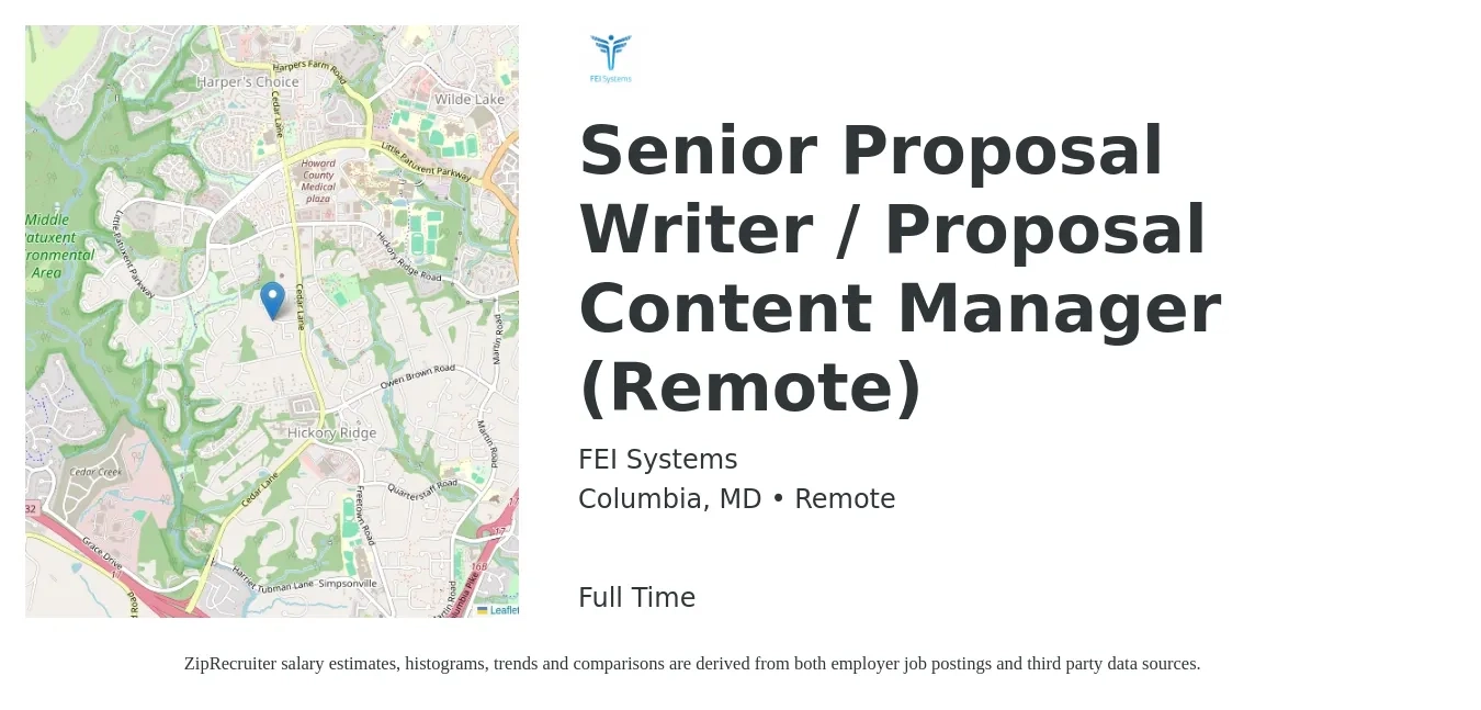FEI Systems job posting for a Senior Proposal Writer / Proposal Content Manager (Remote) in Columbia, MD with a salary of $62,500 to $89,100 Yearly with a map of Columbia location.