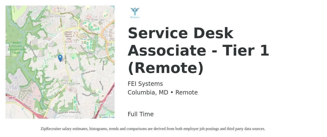 FEI Systems job posting for a Service Desk Associate - Tier 1 (Remote) in Columbia, MD with a salary of $15 to $24 Hourly with a map of Columbia location.