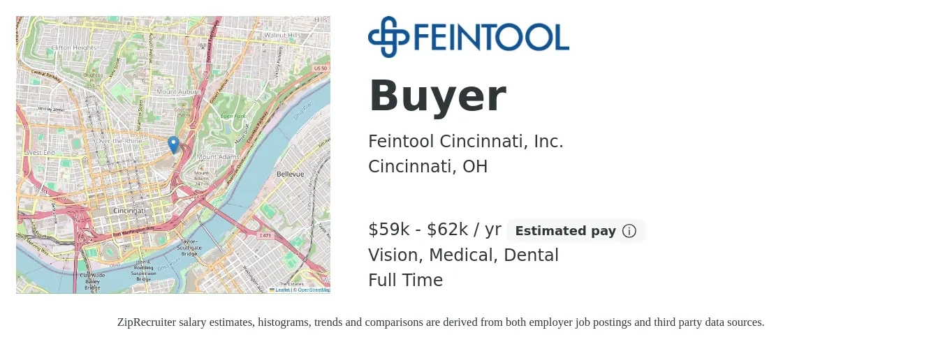 Feintool Cincinnati, Inc. job posting for a Buyer in Cincinnati, OH with a salary of $59,000 to $62,000 Yearly and benefits including dental, life_insurance, medical, retirement, and vision with a map of Cincinnati location.