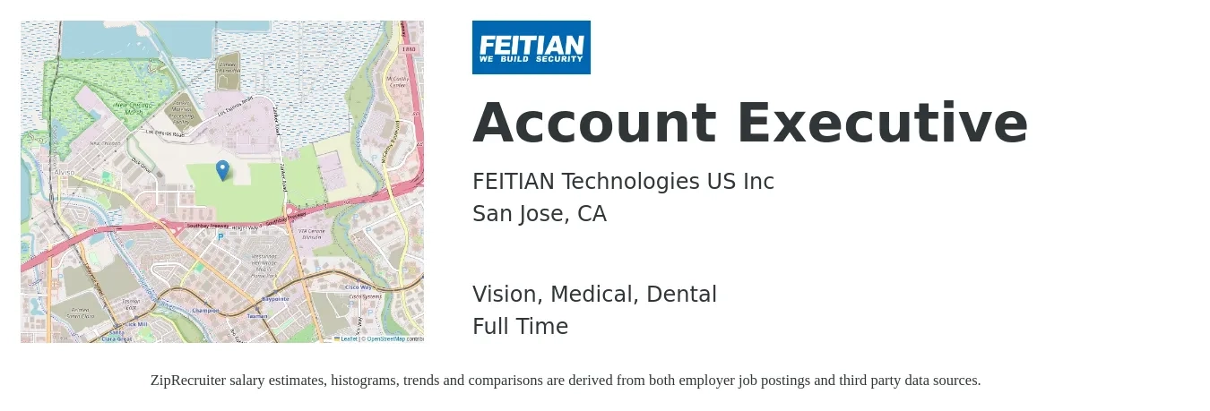 FEITIAN Technologies US Inc job posting for a Account Executive in San Jose, CA with a salary of $63,300 to $111,300 Yearly and benefits including medical, pto, retirement, vision, and dental with a map of San Jose location.