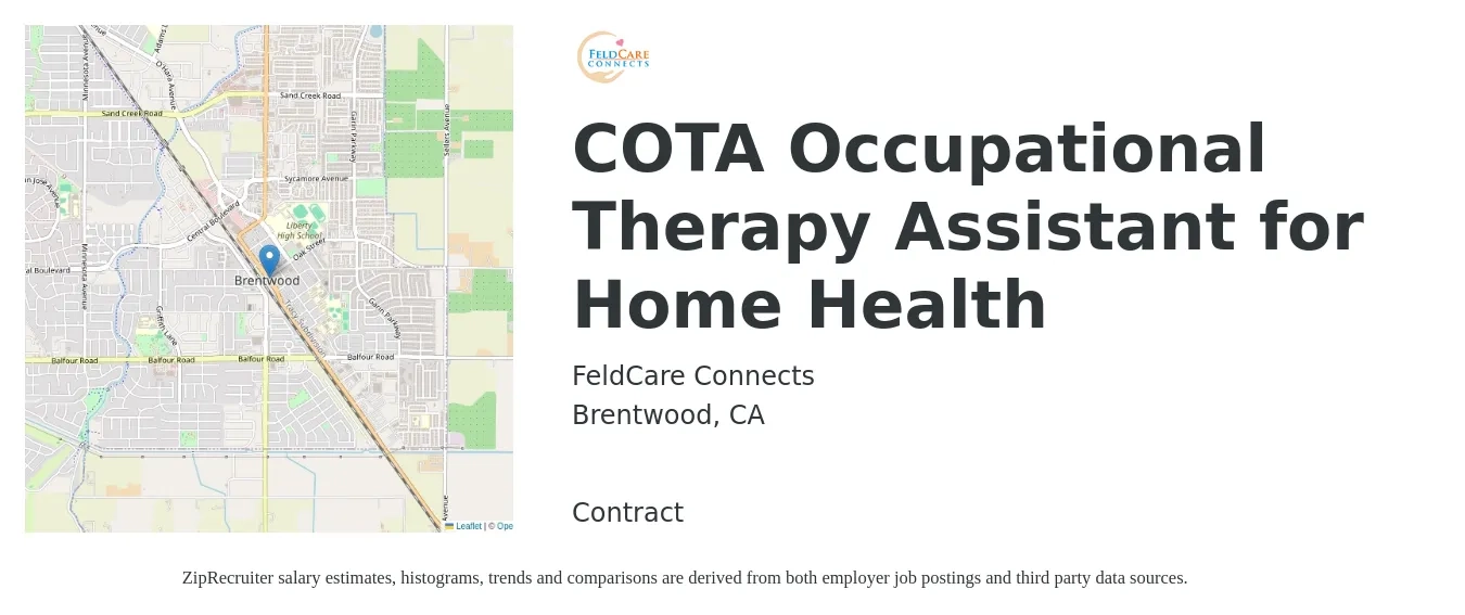 FeldCare Connects job posting for a COTA Occupational Therapy Assistant for Home Health in Brentwood, CA with a salary of $32 to $42 Hourly with a map of Brentwood location.