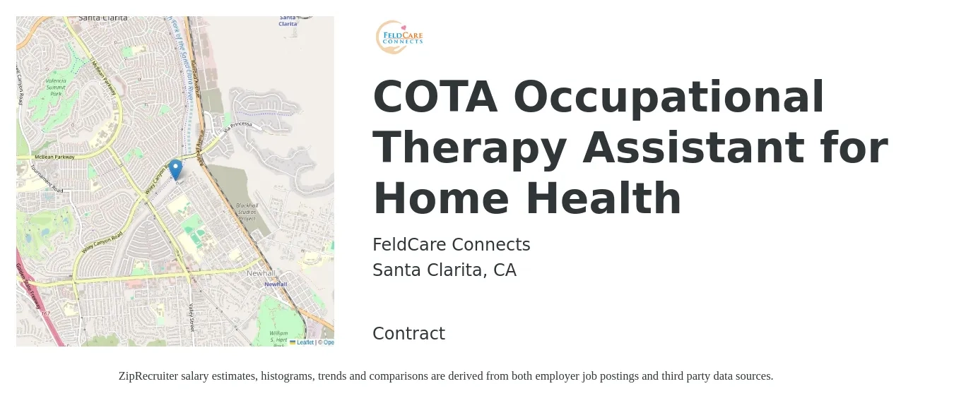 FeldCare Connects job posting for a COTA Occupational Therapy Assistant for Home Health in Santa Clarita, CA with a salary of $30 to $40 Hourly with a map of Santa Clarita location.
