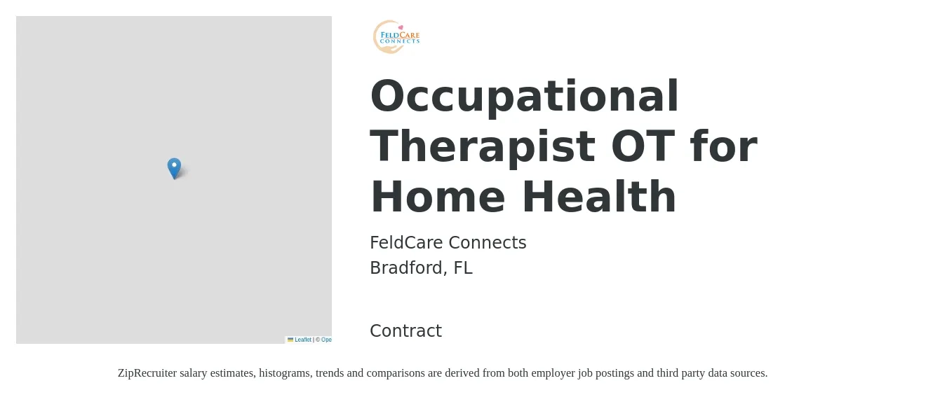 FeldCare Connects job posting for a Occupational Therapist OT for Home Health in Bradford, FL with a salary of $38 to $48 Hourly with a map of Bradford location.