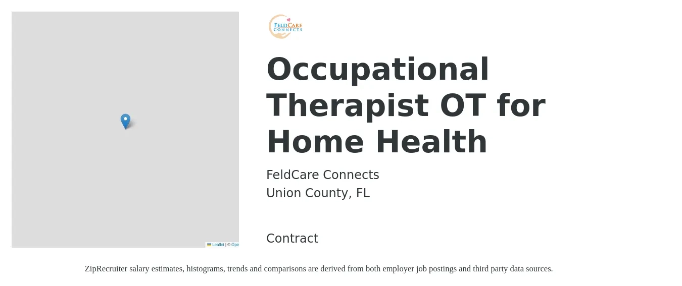 FeldCare Connects job posting for a Occupational Therapist OT for Home Health in Union County, FL with a salary of $38 to $49 Hourly with a map of Union County location.