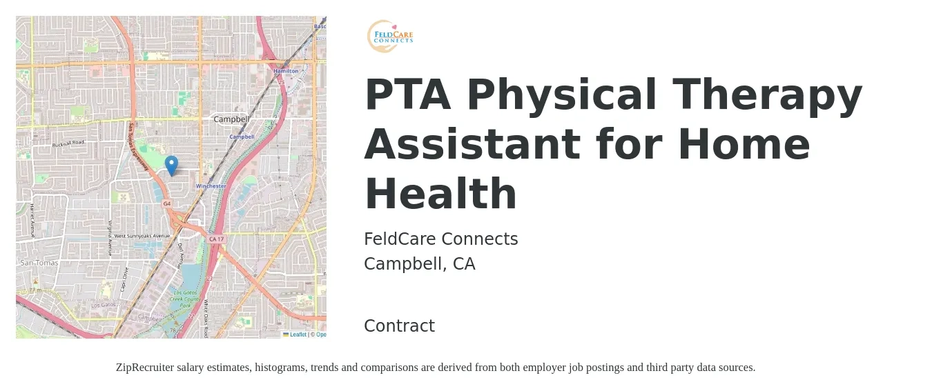 FeldCare Connects job posting for a PTA Physical Therapy Assistant for Home Health in Campbell, CA with a salary of $32 to $43 Hourly with a map of Campbell location.