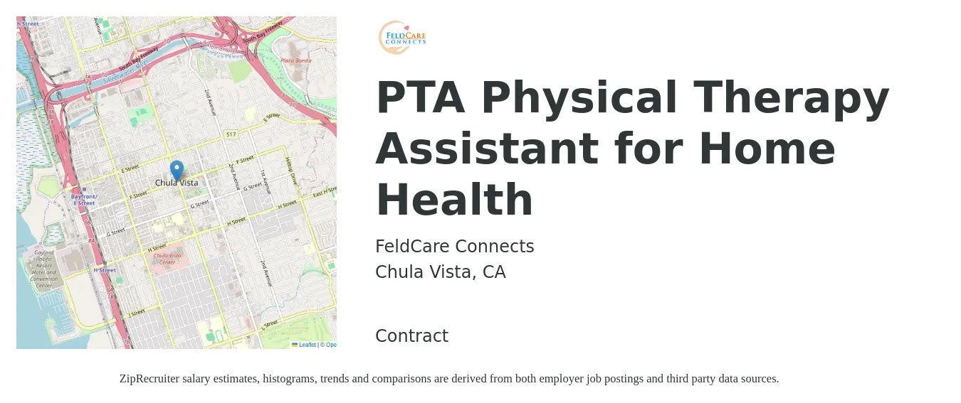 FeldCare Connects job posting for a PTA Physical Therapy Assistant for Home Health in Chula Vista, CA with a salary of $28 to $38 Hourly with a map of Chula Vista location.