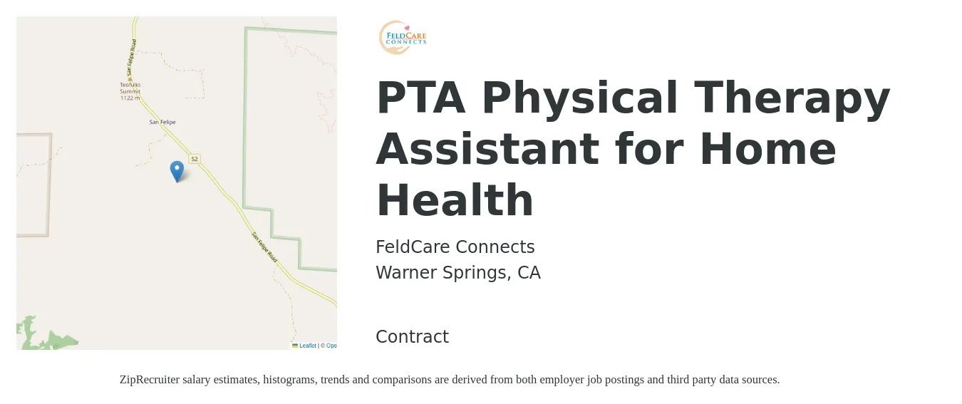 FeldCare Connects job posting for a PTA Physical Therapy Assistant for Home Health in Warner Springs, CA with a salary of $29 to $38 Hourly with a map of Warner Springs location.
